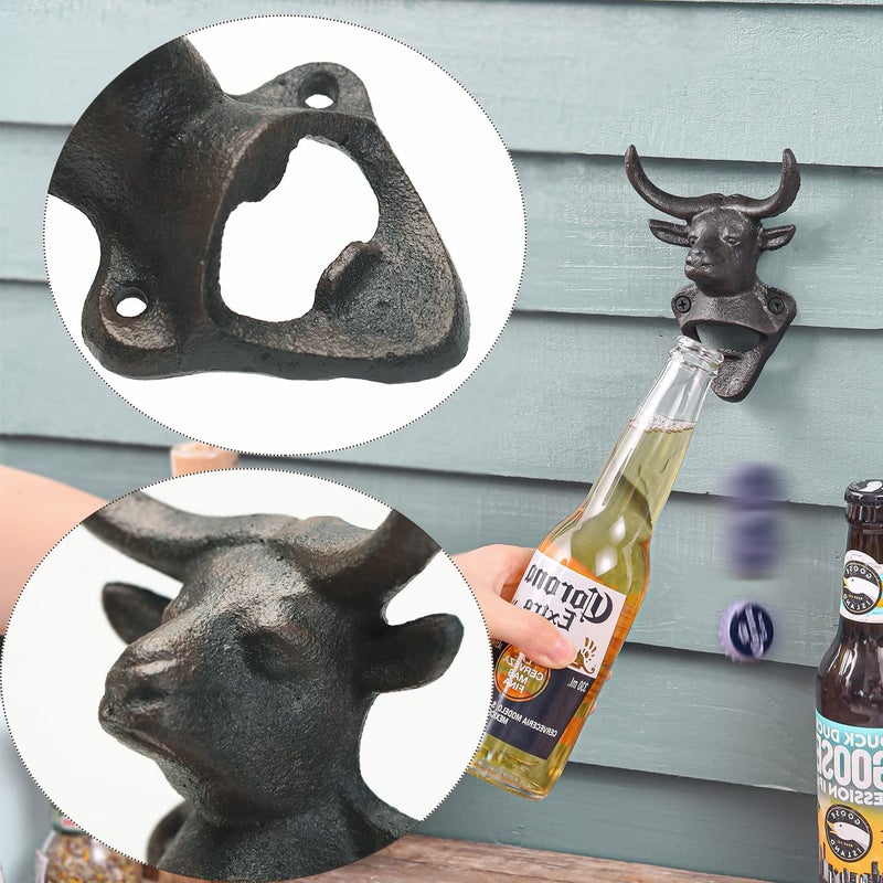 Sungmor Wall Mounted Bottle Opener, Cast Iron Cool Bull Head Bottle Opener, Beer Coke Beverage Bottle Cap Opener, Vintage Rustic Style Wall Hanging Opener, Bar Farmhouse Wall Ornament, Practical Gift - Image 4